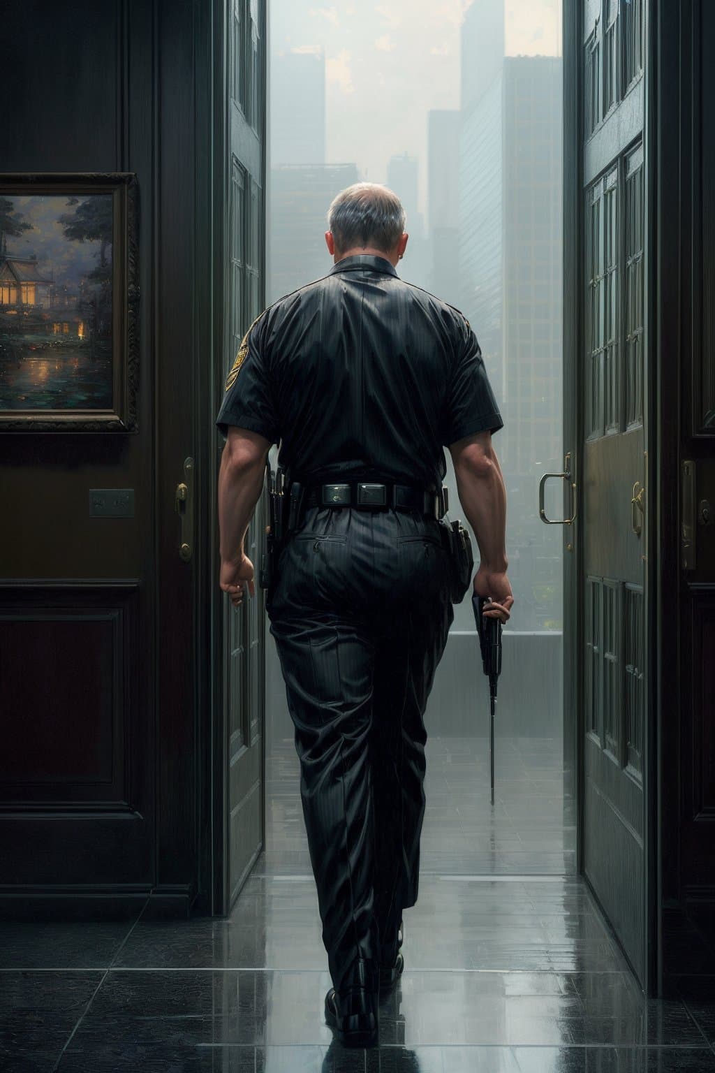 AI generated: (a security guard are patrolling business center:1.3), Intricate, High Detail, dramatic, professiona...