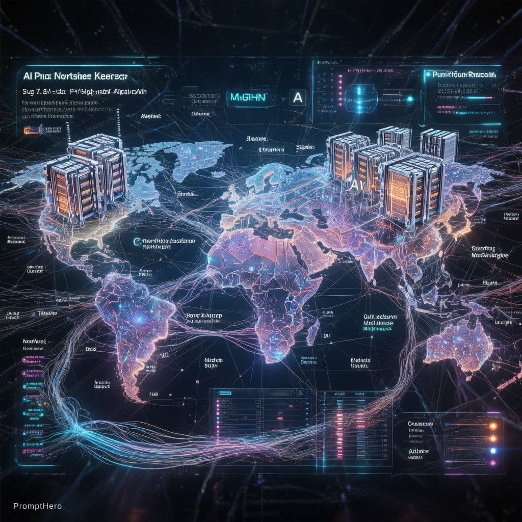 AI generated: Global AI and cloud infrastructure map, showing worldwide distribution of data centers and AI server...