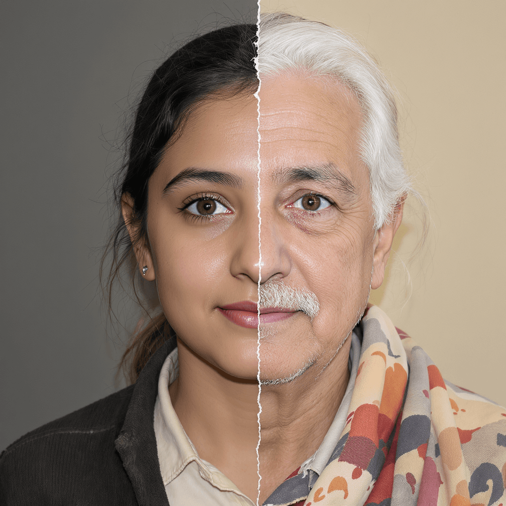 AI generated: A face, half young girls and half elderly people in their eighties --ar 4:5 --s 850 --niji 6