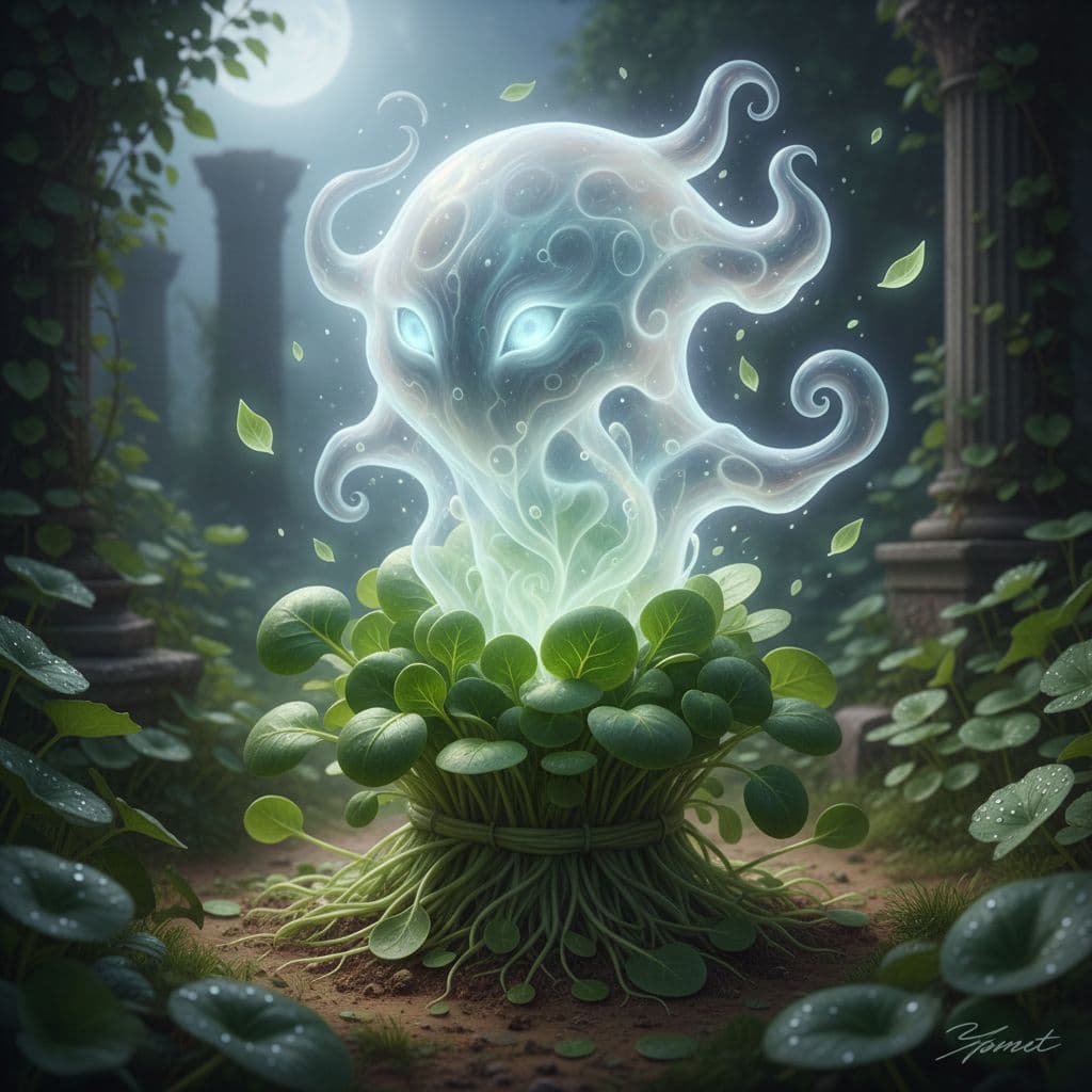 AI generated: make a creature that is half ghost half Valerianella locusta