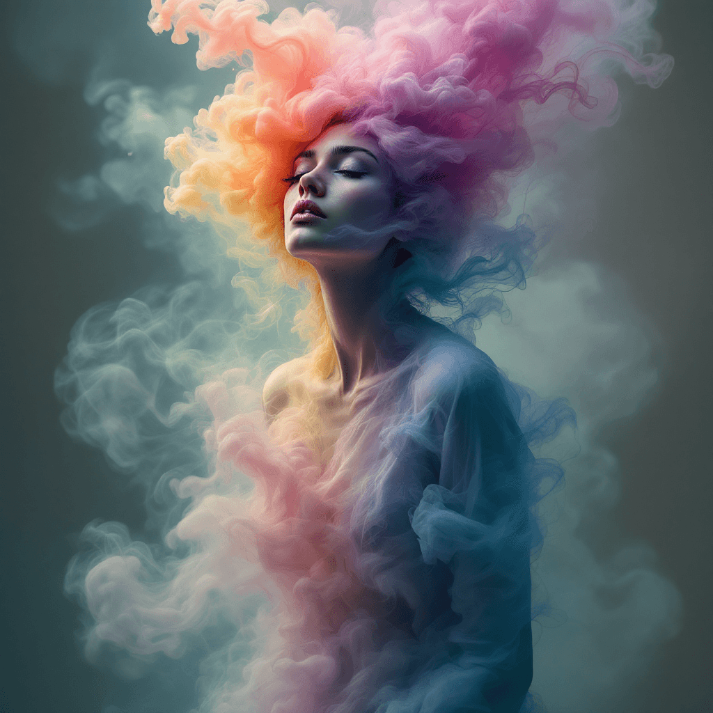 AI generated: A surreal full body depiction of a woman, her outfit gradually dissolving into abstract, colorful sm...