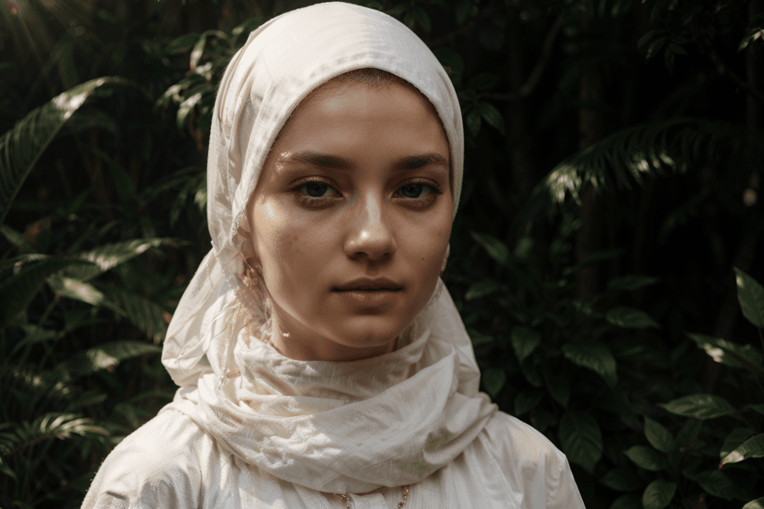 AI generated: russian girl, beautifull face, wearing hijab, white shirt, standing, photography real, 80mm, embeddi...