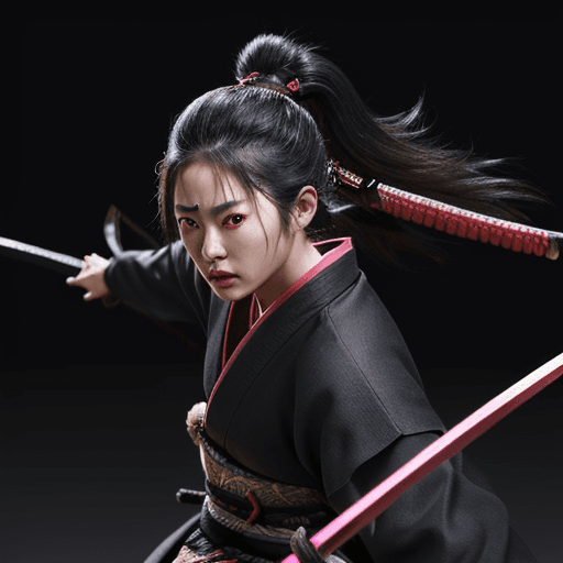 AI generated: A samurai holding two katanas', running towards the suspect, neon background, ultra realistic shedde...