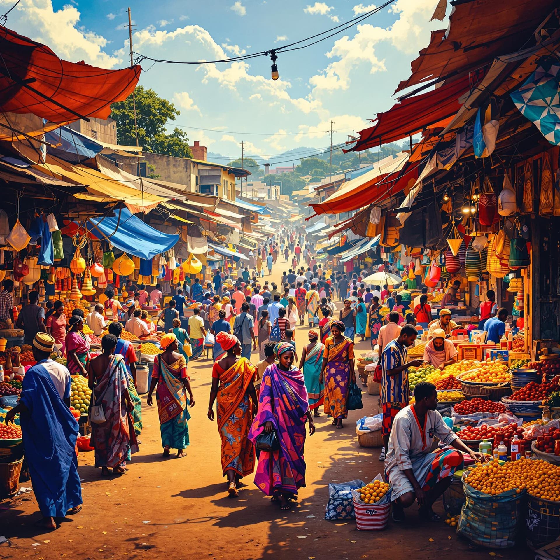 AI generated: “Bustling kenyan market with vibrant stalls, rich colors, 4k resolution, detailed patterns, traditio...