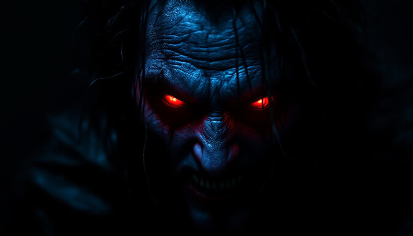 AI generated: in darkness, dark, vampire demonic manl's face, glowing red eyes, long mess hair, disfigured, brutal...