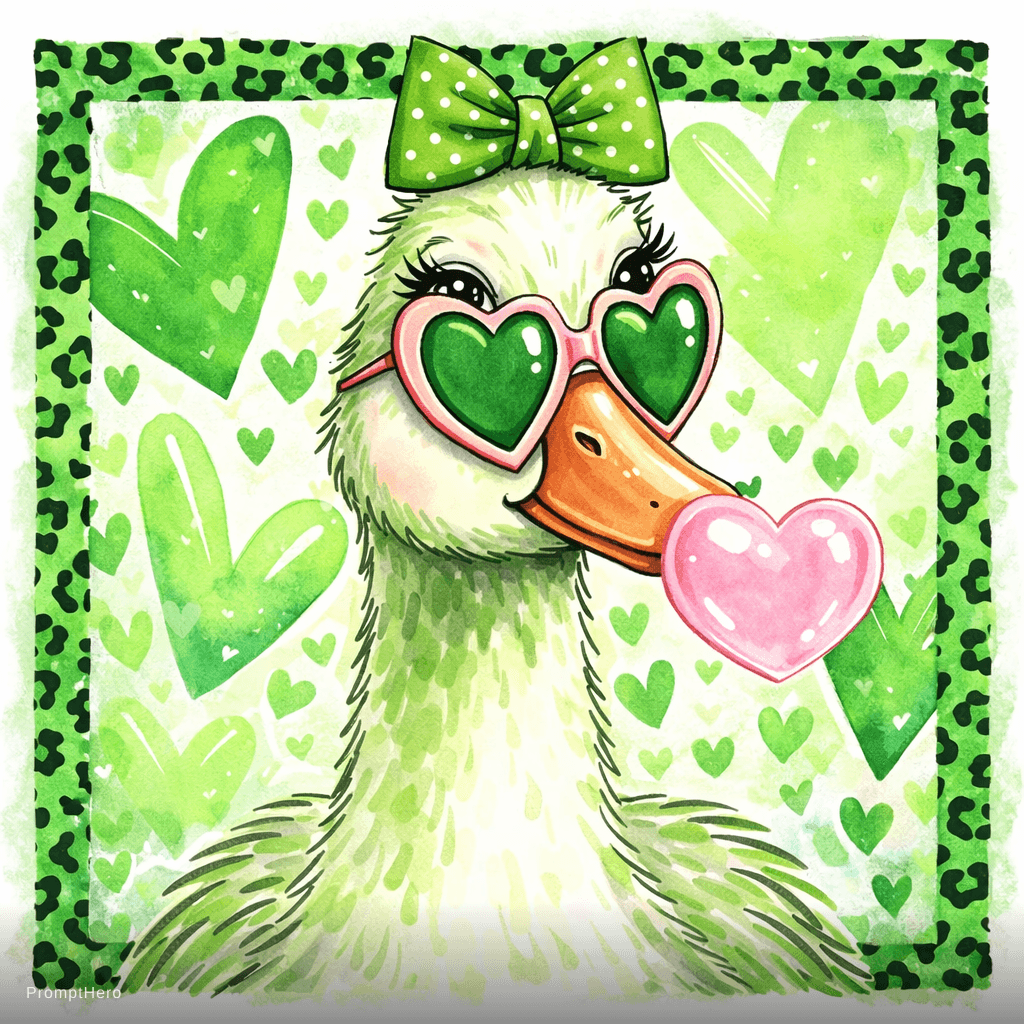 AI generated: Trendy girly cartoon duck bust portrait, soft watercolor and bold ink sketch style, mint and white f...