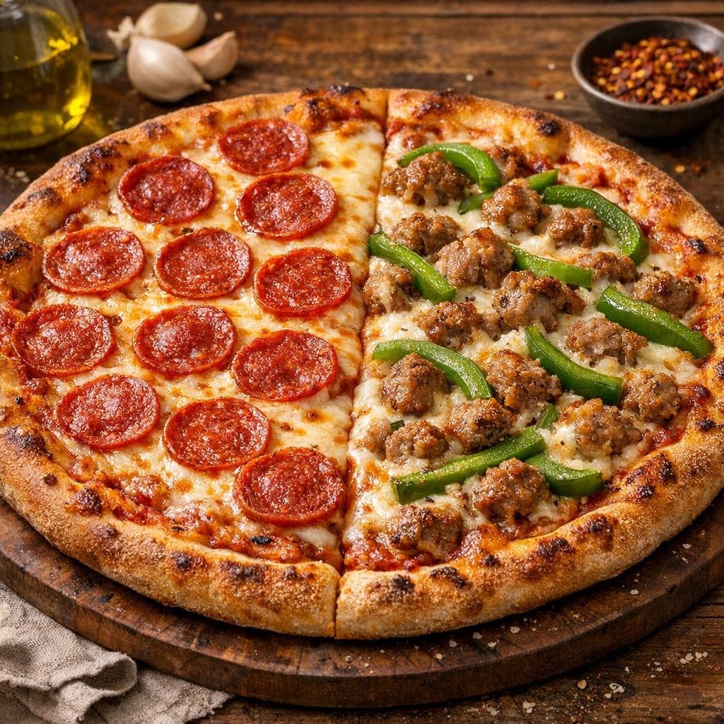 AI generated: Delicious pizza, 1/2 has cheese and pepperoni, and the other 1/2 has green peppers, sausage, and che...