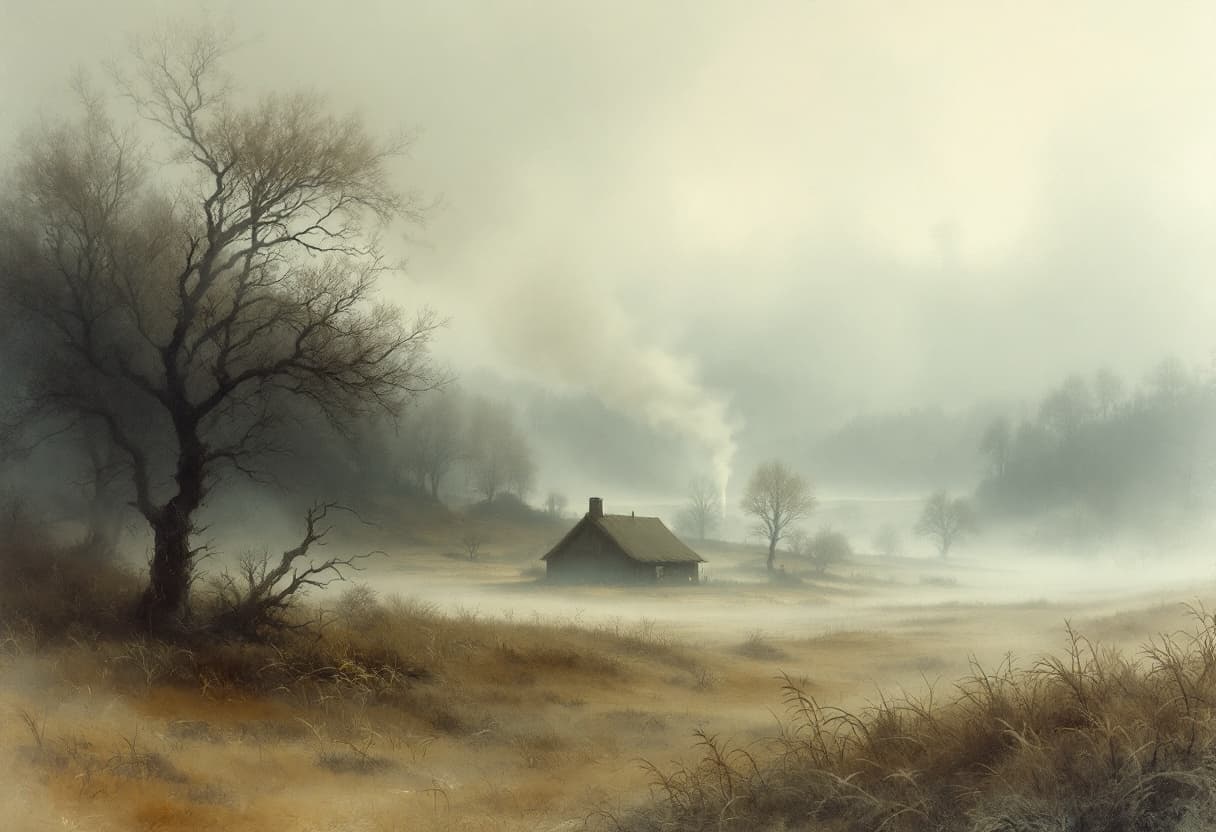 AI generated: Misty rural landscape with a distant hut, strings vibrating, chimney puffing smoke, amidst eerie win...