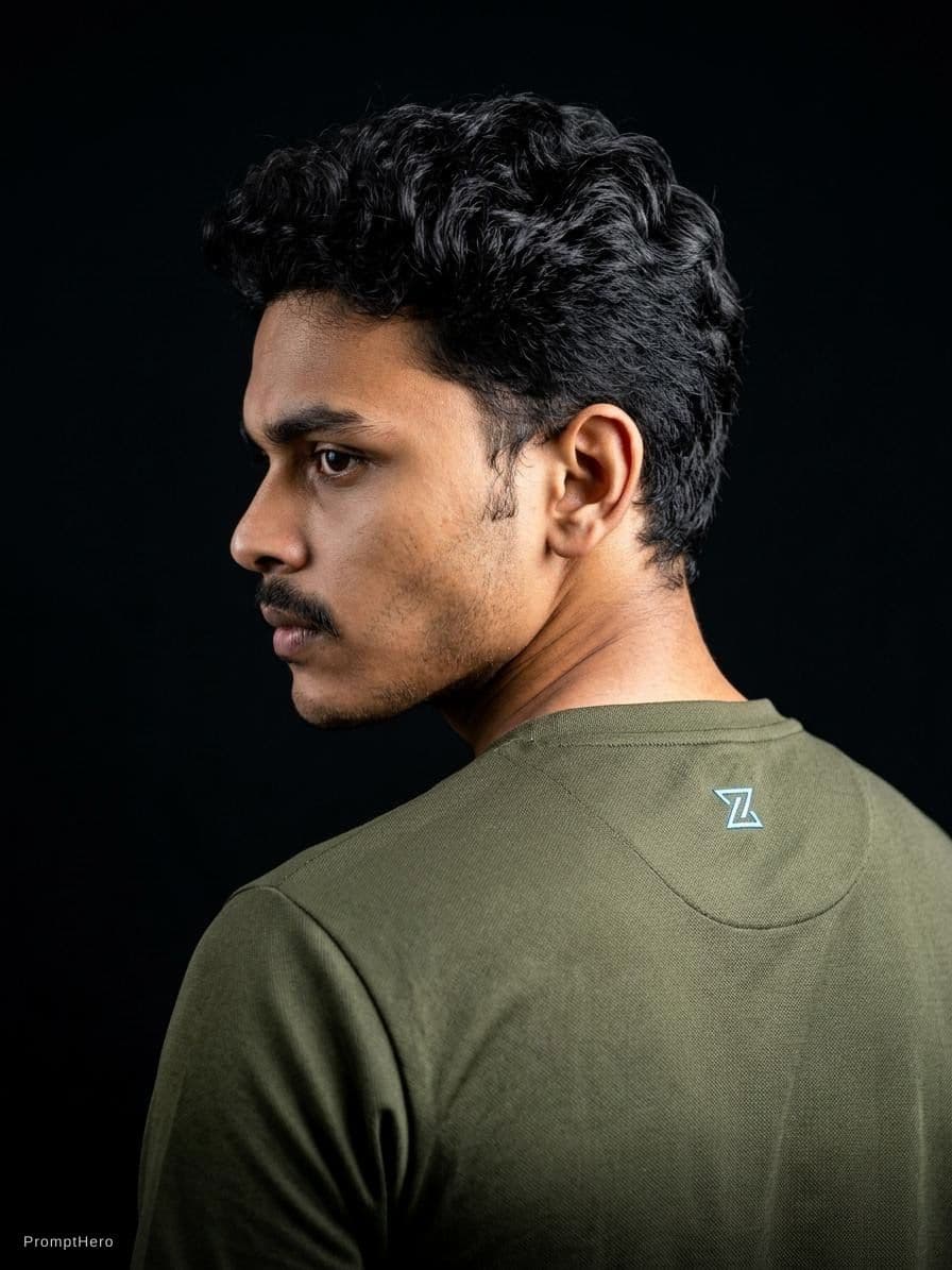 AI generated: With ag black background  a back shot of me looking side 