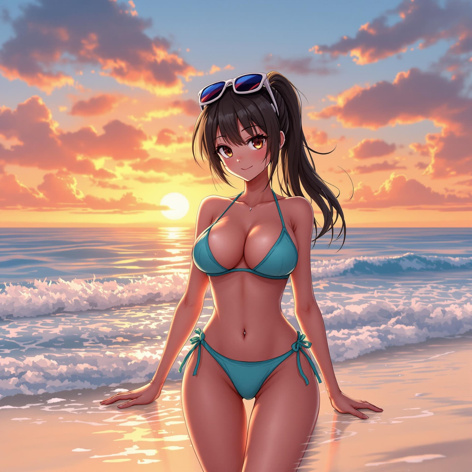 AI generated: Anime girl, in a beach, wearing a bikini, big chest, wet, spread legs, cute, sunglasses on top of he...