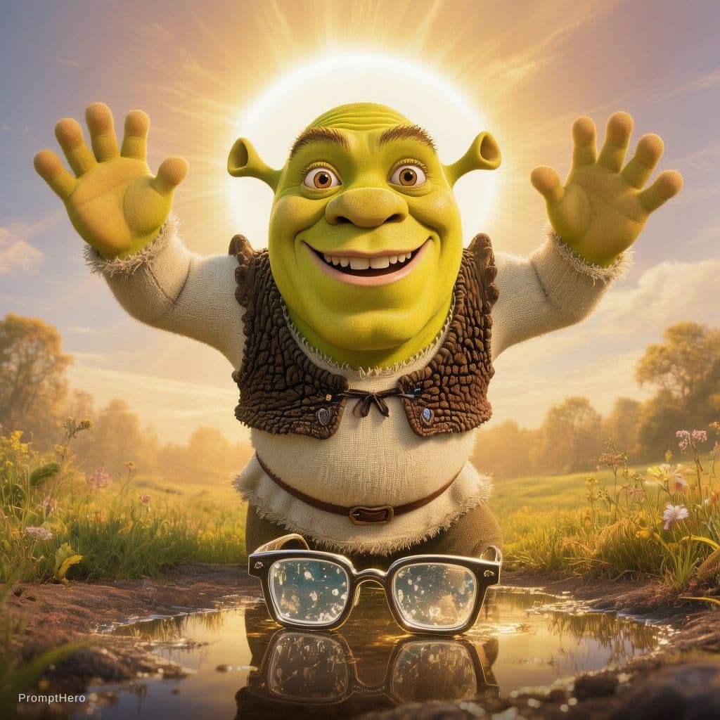 AI generated: Shrek above a puddle with square glasses, smiling looking up with raised arms and a giant bright sun...