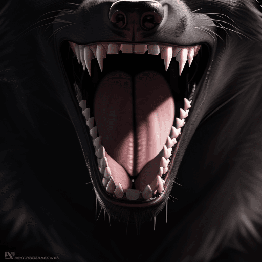 AI generated: Black wolf, open.mouth teeth showing . octane render, trending on artstation,t symmetrical artwork. ...