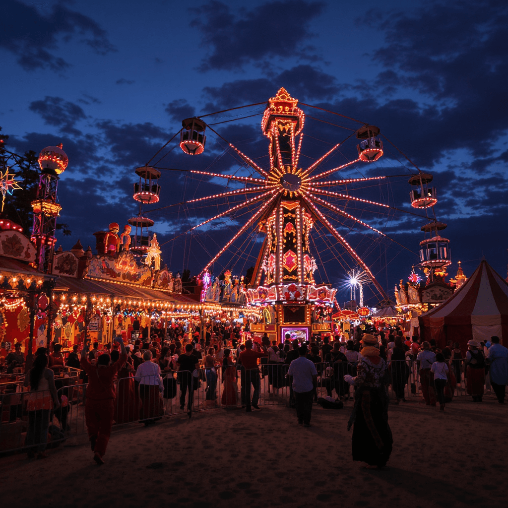 AI generated: Día de los Muertos carnival at twilight — a festive fairground where rides are powered by spirit ene...