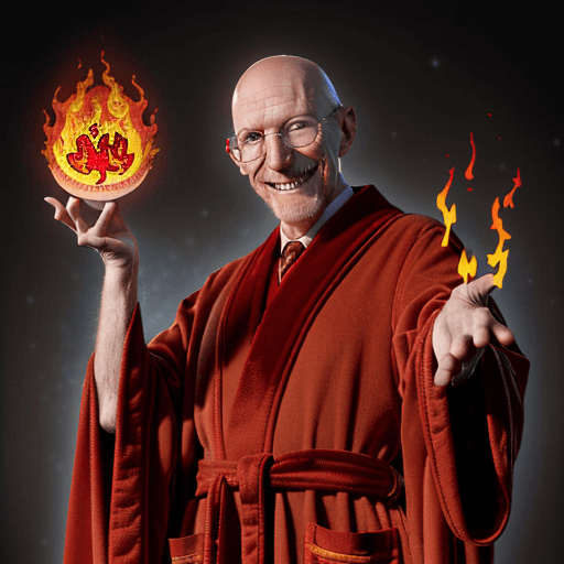 AI generated: professor  Farnsworth, realistic, dressed in red robes covered in mystic symbols stars and moons, ba...