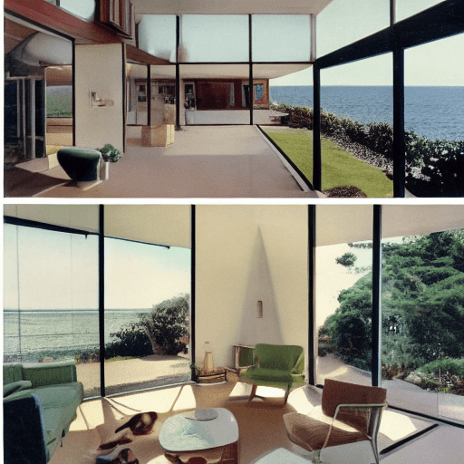 AI generated: Hyper realistic eye level exterior photo of a mid century modern style house overlooking the ocean, ...