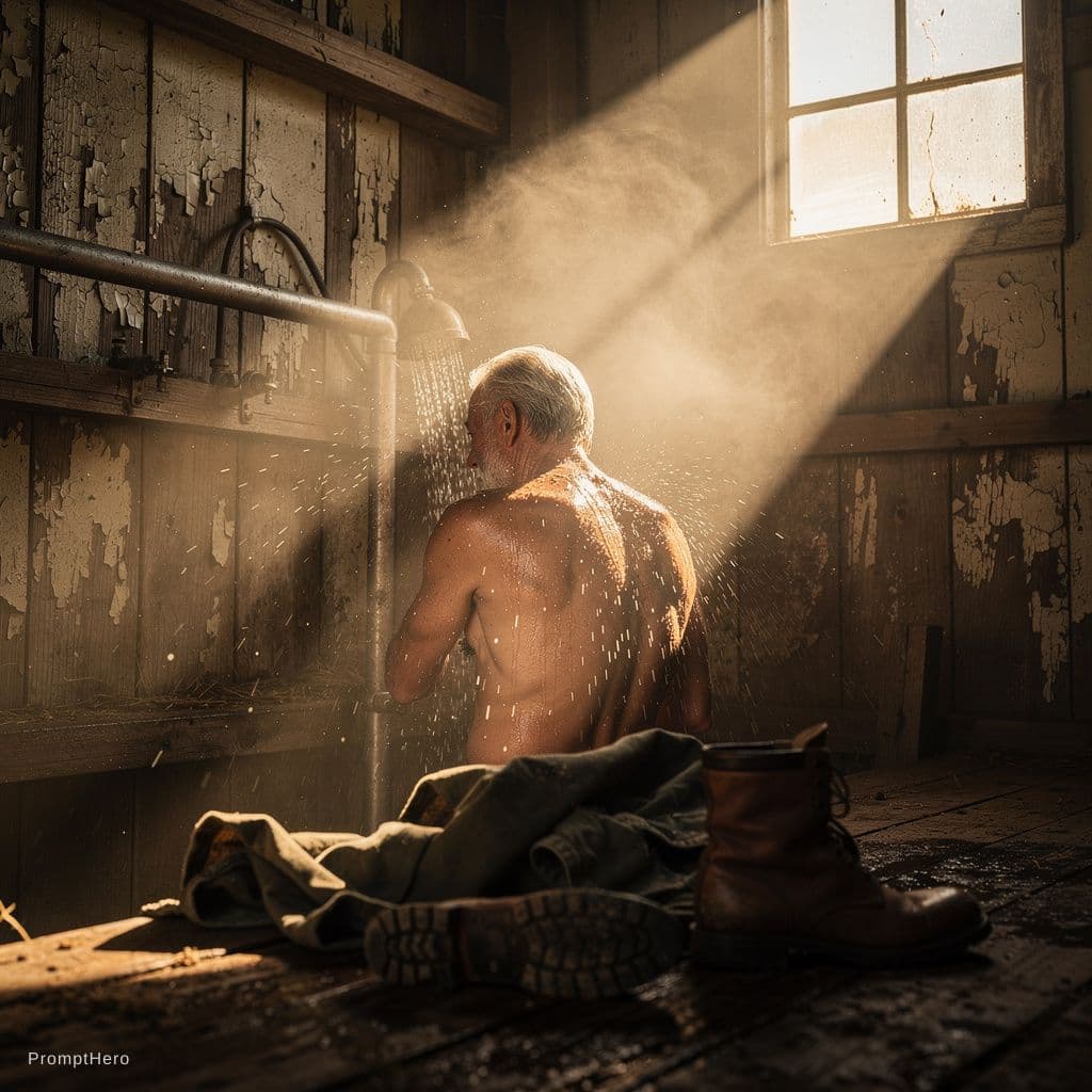 AI generated: photo realistic75 year old sweaty fat naked old man. uncircumcised gray hair. showers in old barn sh...