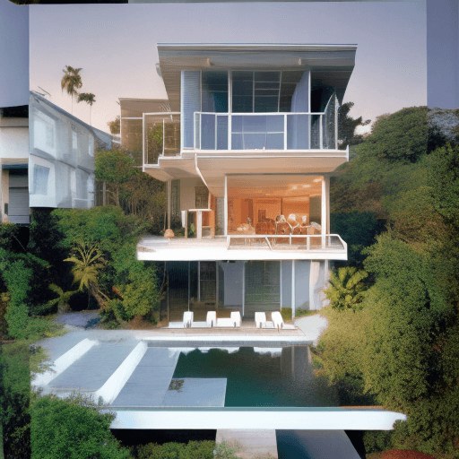AI generated: Hyper realistic eye level exterior photo of a mid century modern style house overlooking the ocean, ...