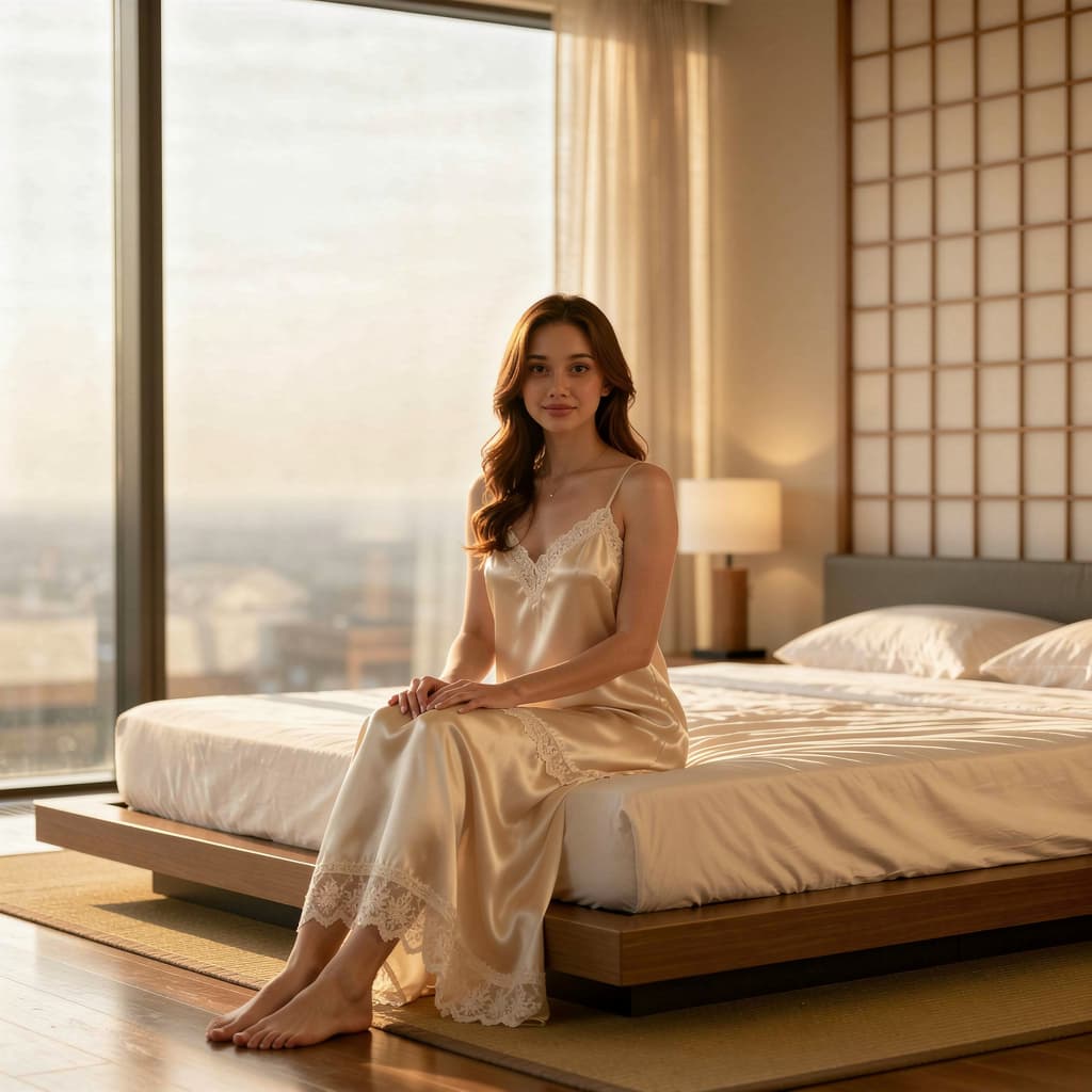 AI generated: In a tranquil minimalist bedroom, a poised woman sits on a low modern platform bed, serene and self ...