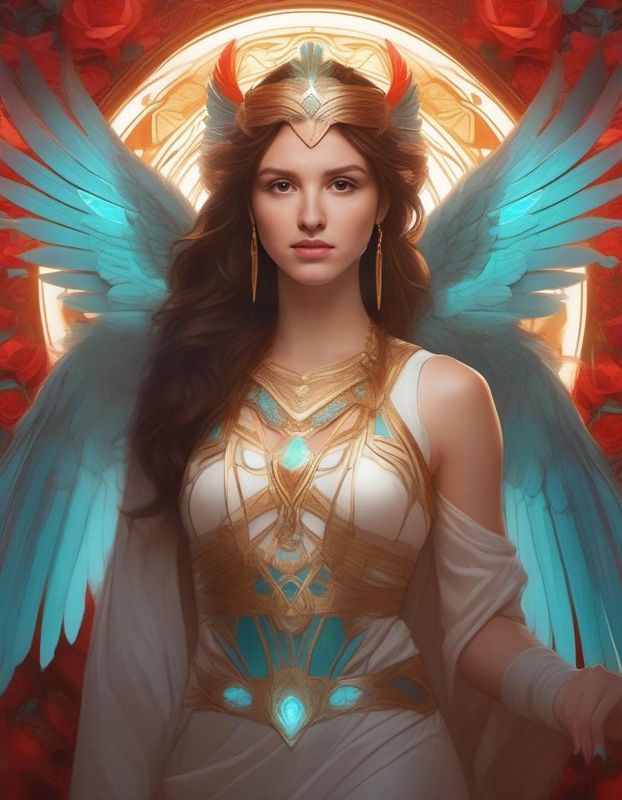 AI generated: nike godess of victory, wings, wax figure, glowing eyes, volumetric lights, red and cyan theme, art ...