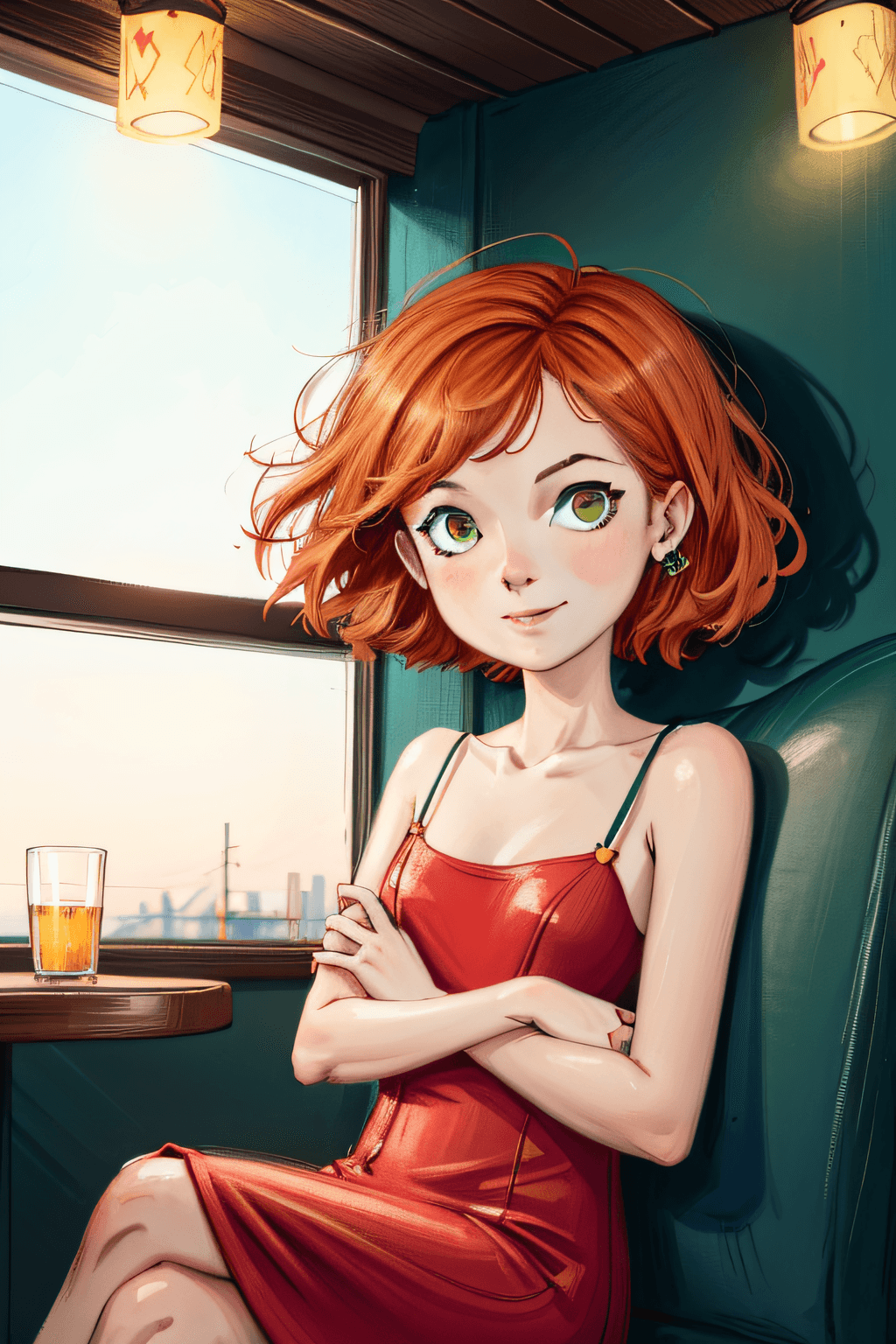 AI generated: (vivid colors)(cowboy shot), sitting, restaurant,posing, different poses, ((red dress)), vogue magaz...
