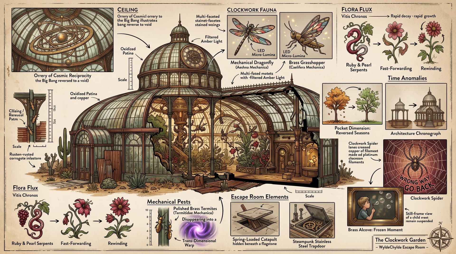 AI generated: Ornate greenhouse, clockwork and time theme, wide establishing shot capturing the full structure, in...