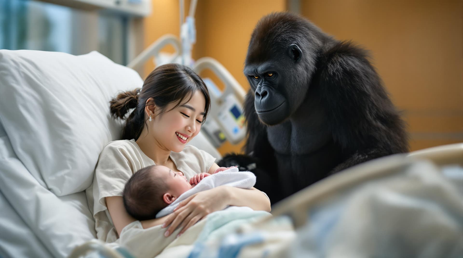AI generated: A photo of a Korean mother in her 30s cuddling her newborn baby and smiling calmly, with a gorilla s...