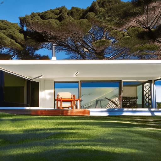 AI generated: Hyper realistic eye level exterior photo of a mid century modern style house overlooking the ocean, ...
