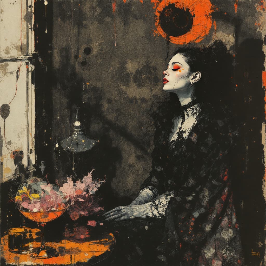 AI generated: pretty-young-wife-surreal-by-paul wunderlich-egon schiele-rudolf hausner-sketch art, night scene