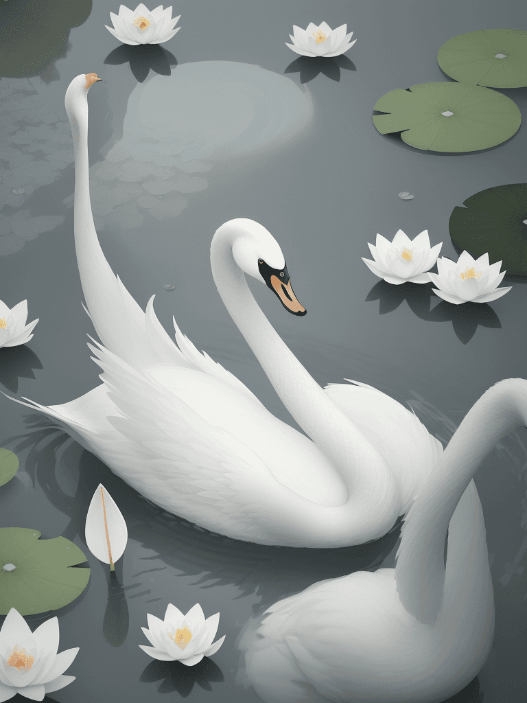 AI generated: A graceful swan with pure white feathers and elegant lily pads detailed with delicate water droplets...