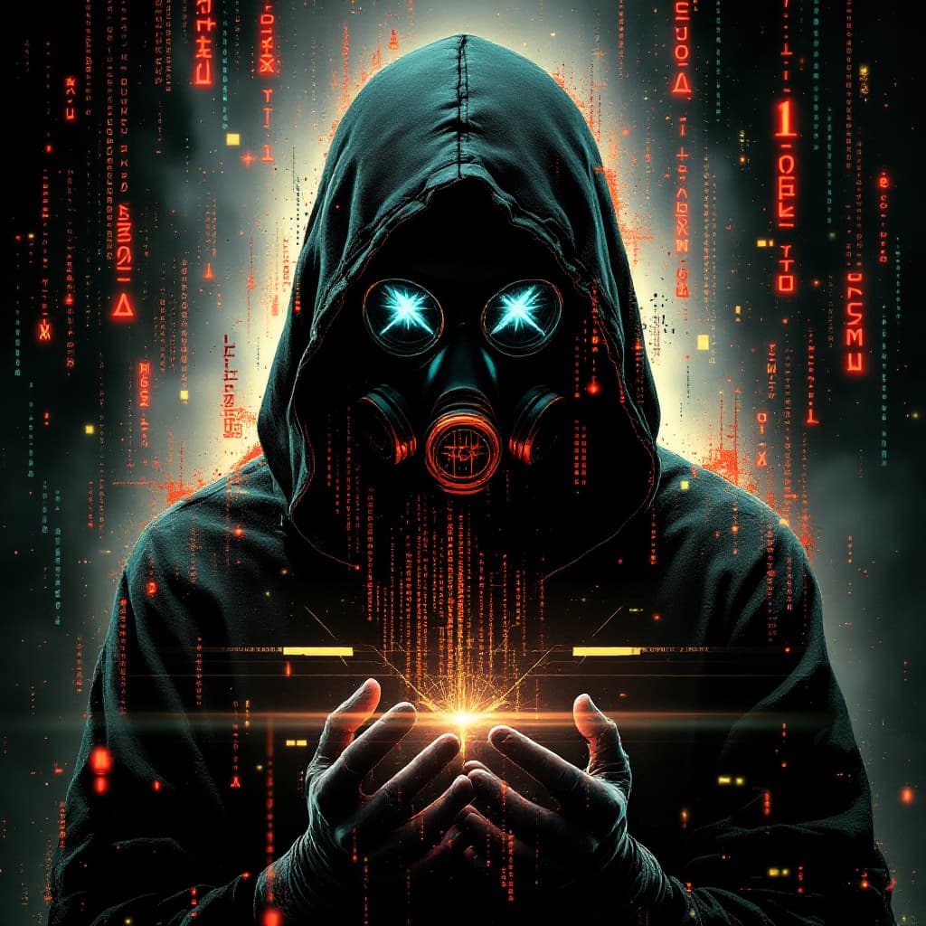 AI generated: Design a ghostly cyber-hacker with a hood and a gas mask, just two piercing neon eyes and a distorte...