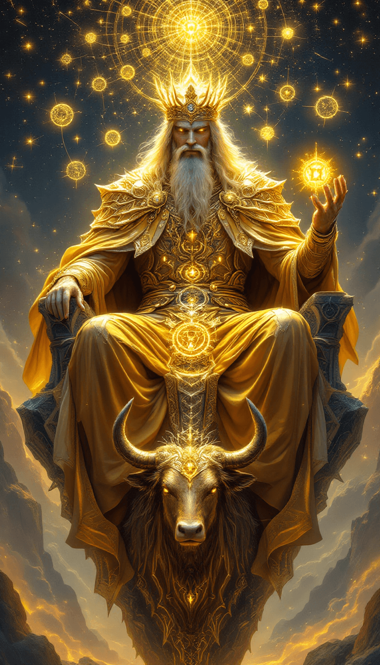 AI generated: A regal celestial king sits upon a floating crystalline throne, suspended above an ethereal expanse ...