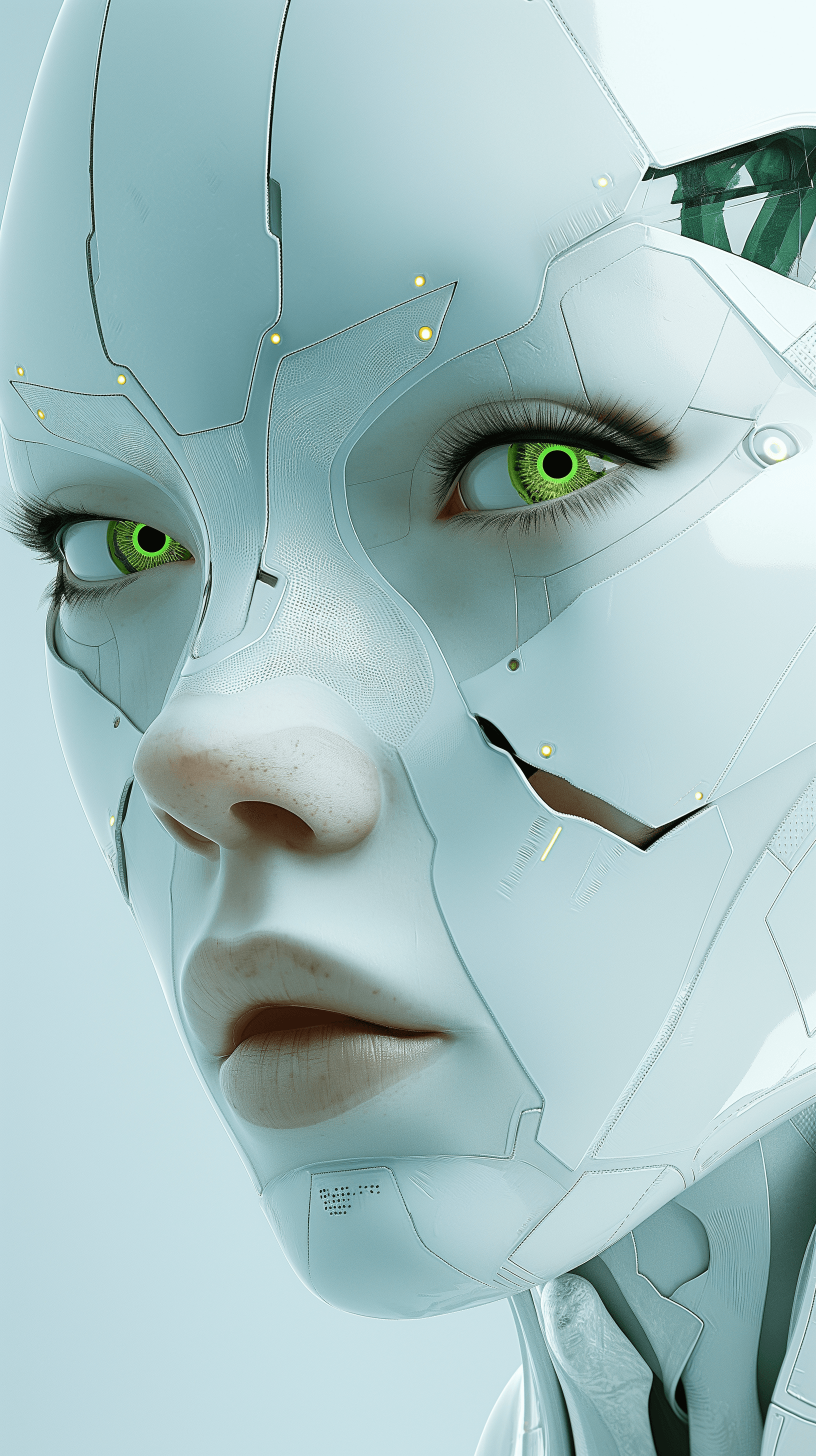 AI generated: close-up portrait of a female with a glossy white futuristic robotic design on her face, featuring s...