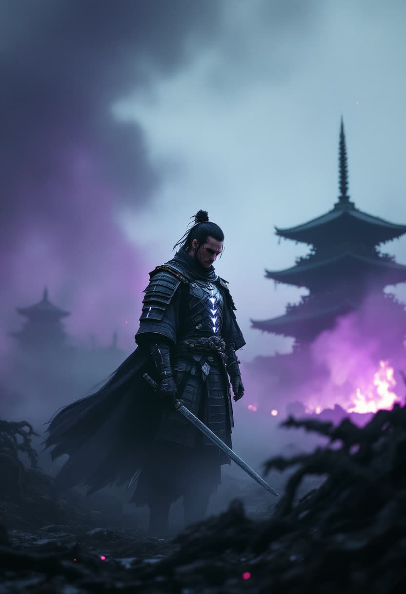 AI generated: a lone cyber-traditional samurai standing still in a misty battlefield, wearing worn dark traditiona...