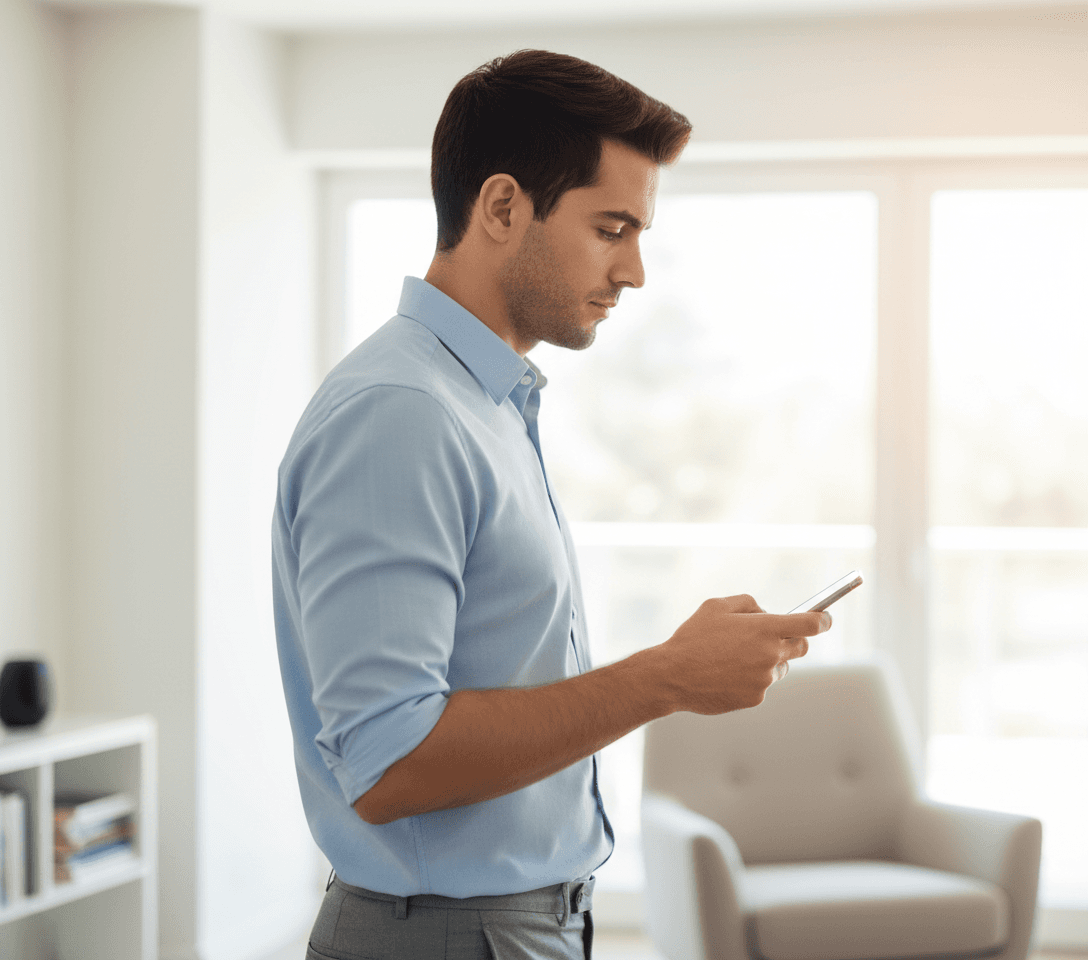 AI generated: In a bright living room. The Hispanic male is wearing a baby blue dress short sleeve shirt and gray ...