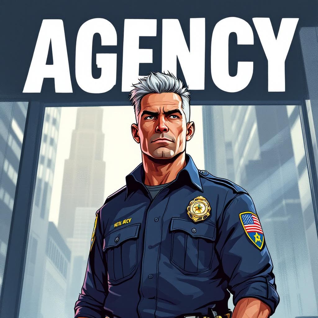 AI generated: Cartoon illustration, comic book cover featuring a handsome Caucasian man with burst-taper grey hair...