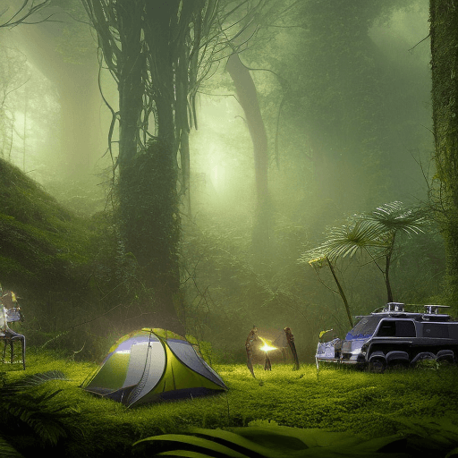 AI generated: Dark night time campsite, with a few explorers with scientific gear, resting and relaxing in a dense...