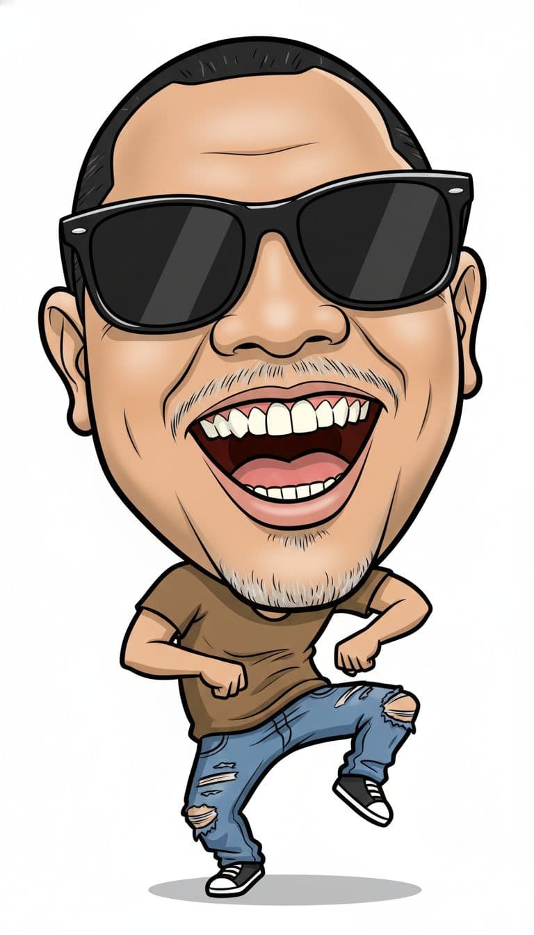 AI generated: re create funny caricature, hip-hop dancer caricature from image provided (maintain face and charact...