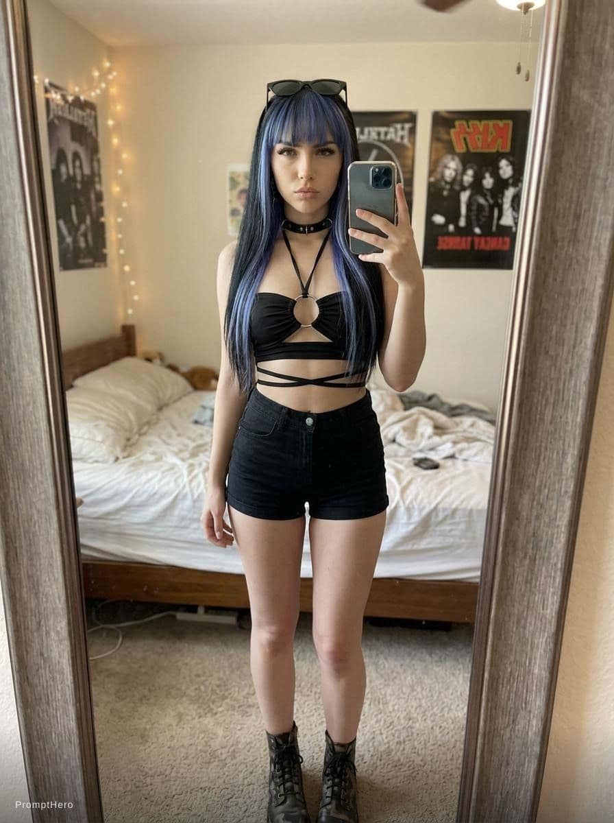 AI generated: {
  "subject": {
    "description": "A young adult woman taking a realistic full-body mirror selfie ...