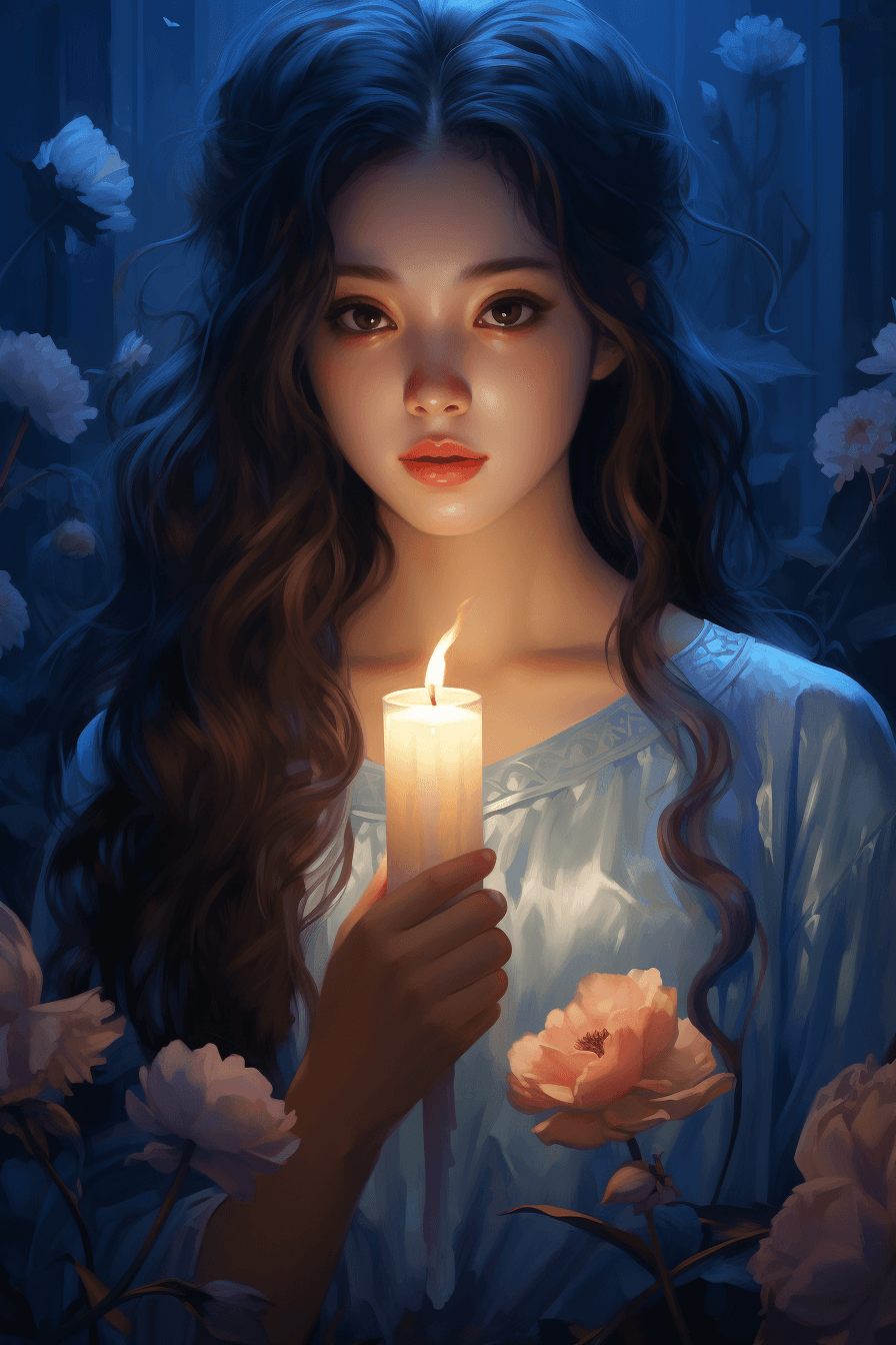AI generated: A girl holding a candle in front of flowers, in the style of realistic hyper - detailed rendering, g...