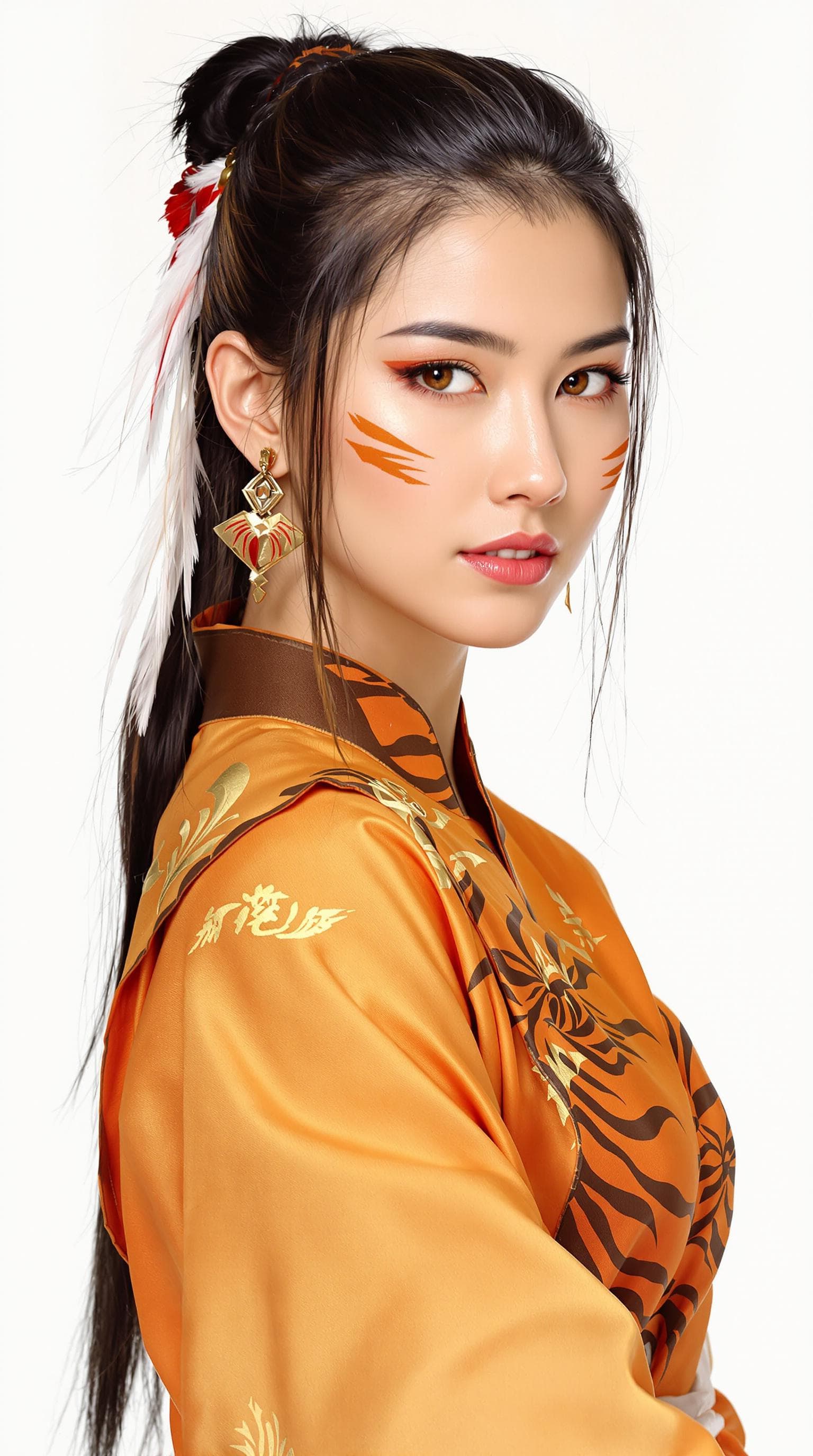 AI generated: Athletic Chinese female warrior in her 30s; wearing traditional orange and brown Shaolin-inspired tr...
