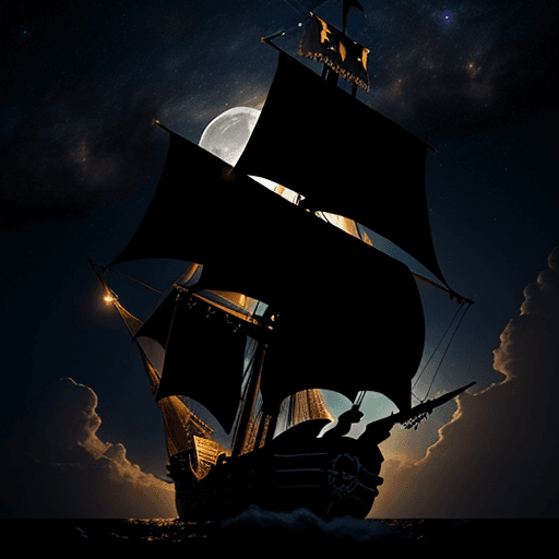 AI generated: Pirate ship flying through the clouds in the night sky. Moon creating a glow. The Milky Way making i...