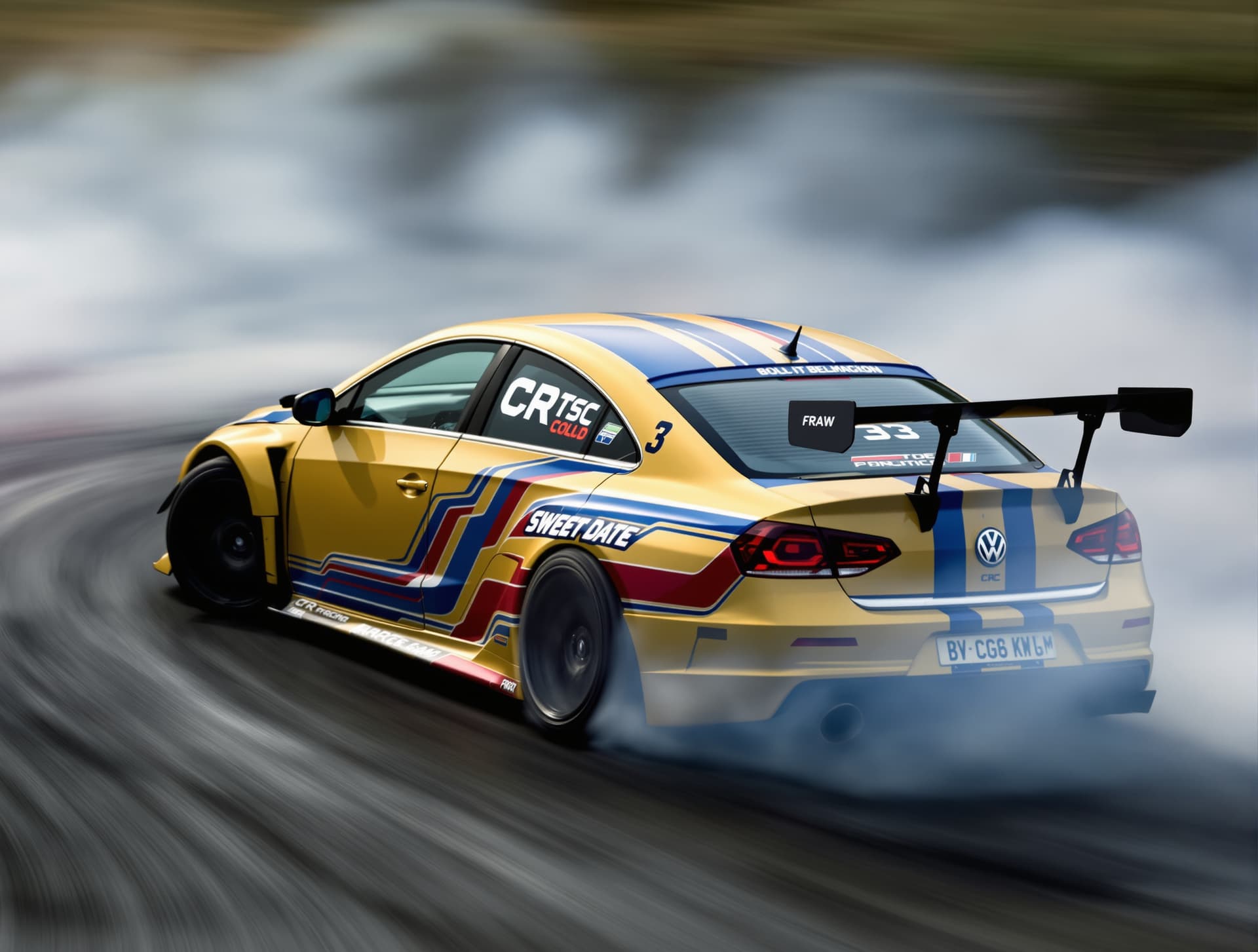 AI generated: "Side view of Volkswagen CC 2014, in Sweet Date Gold with blue and red racing stripes, black rear wi...