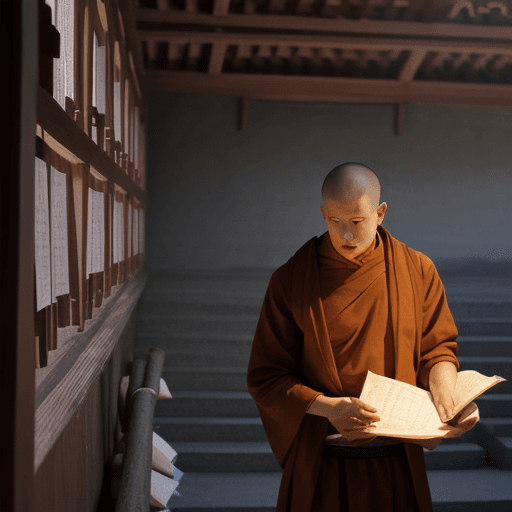 AI generated: A time-lapse showing scrolls being exchanged, a monk carrying Buddhist texts.