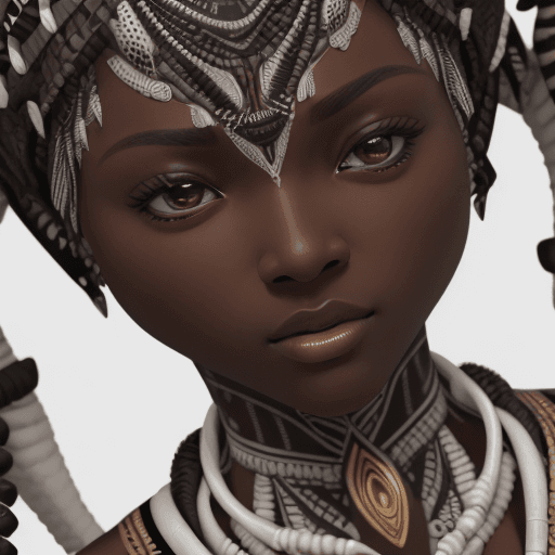 AI generated: intricate closeup shot, masterpiece artwork, black skin-tight body, tribal, suit, white accent, deta...
