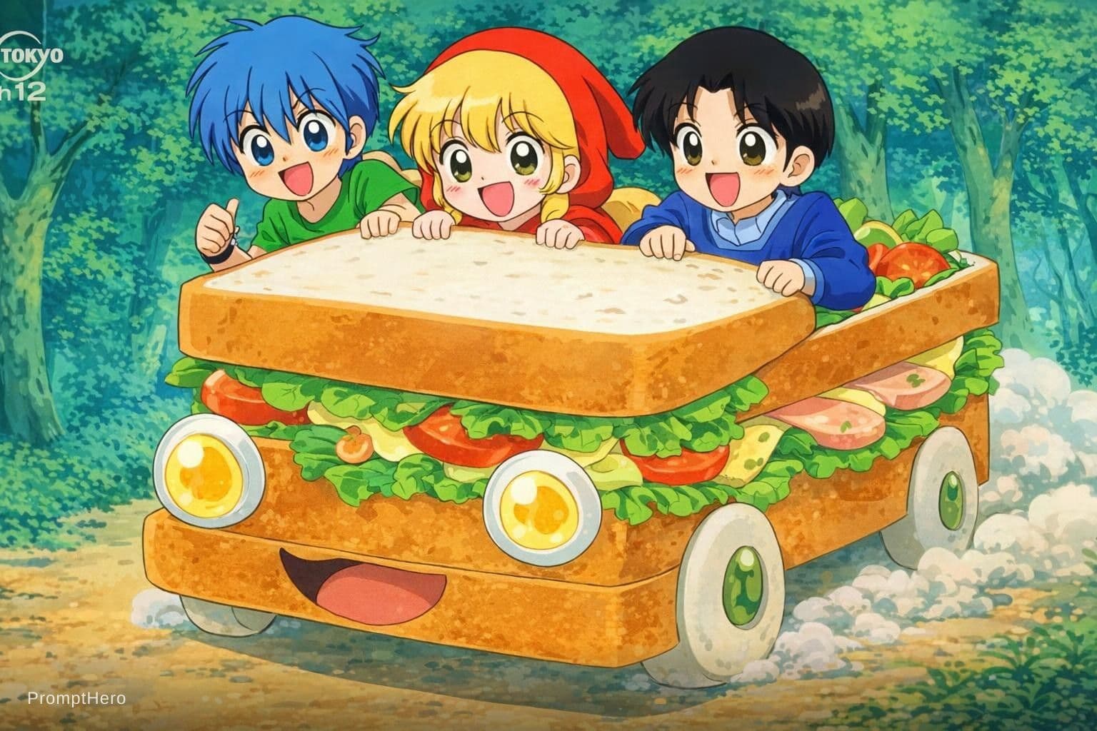 AI generated: riiya human sandwich car akazukin chacha sandwich car shiine-chan sandwich car tv tokyo studio gallo...