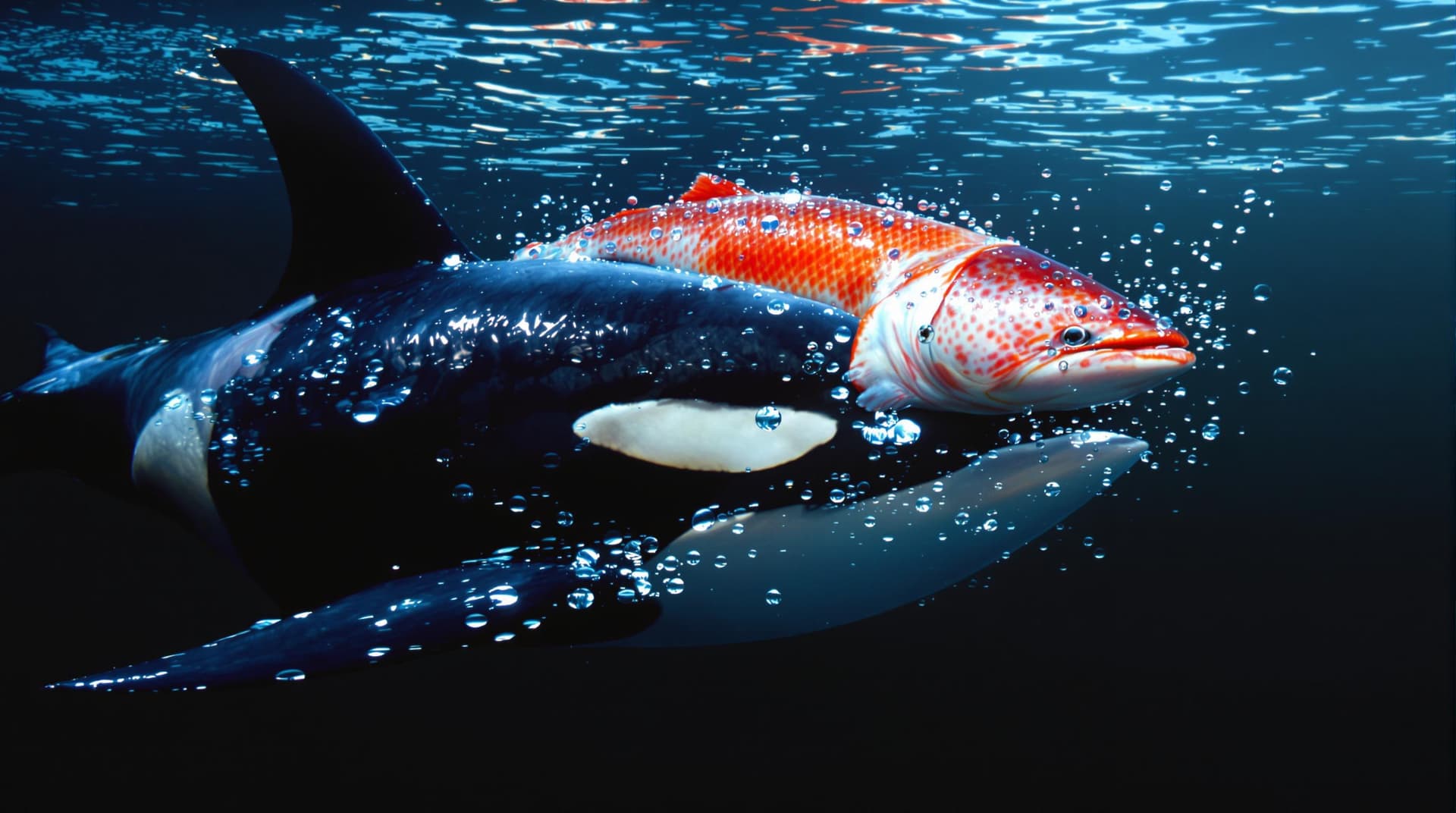AI generated: A highly realistic Orca swimming in the ocean, wearing a Salmon fish on its head