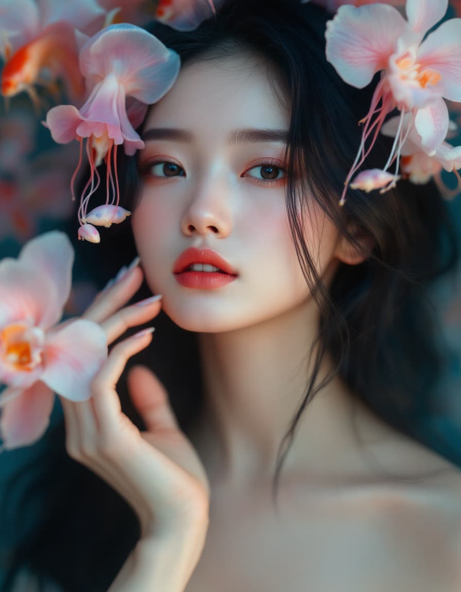 AI generated: Goddfashion photography, perfect face,through, pretty silk long black hairs,(medium side breast),cut...