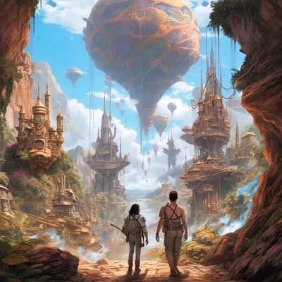AI generated video: Two explorers walk towards a fantasy city with large balloons floating in the sky, the camera follow...