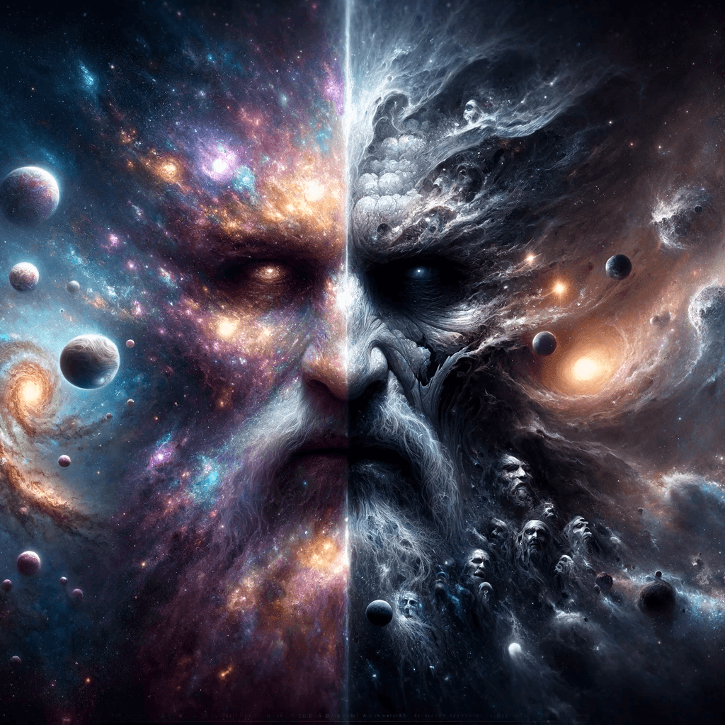 AI generated: In the vast emptiness of the interstellar void, two omnipotent deities from separate dimensions coll...