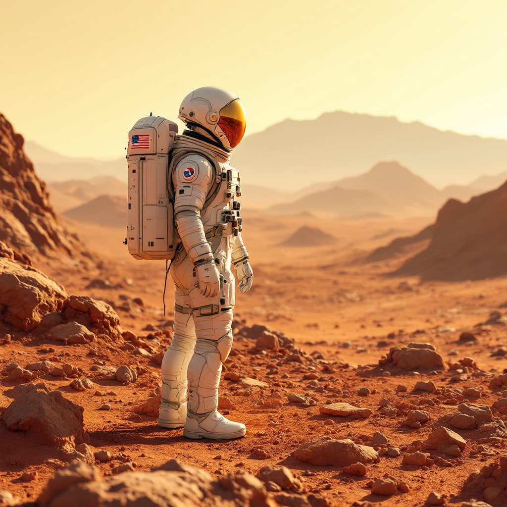 AI generated: A photorealistic depiction of an astronaut standing on a barren, rocky Martian landscape under a gol...